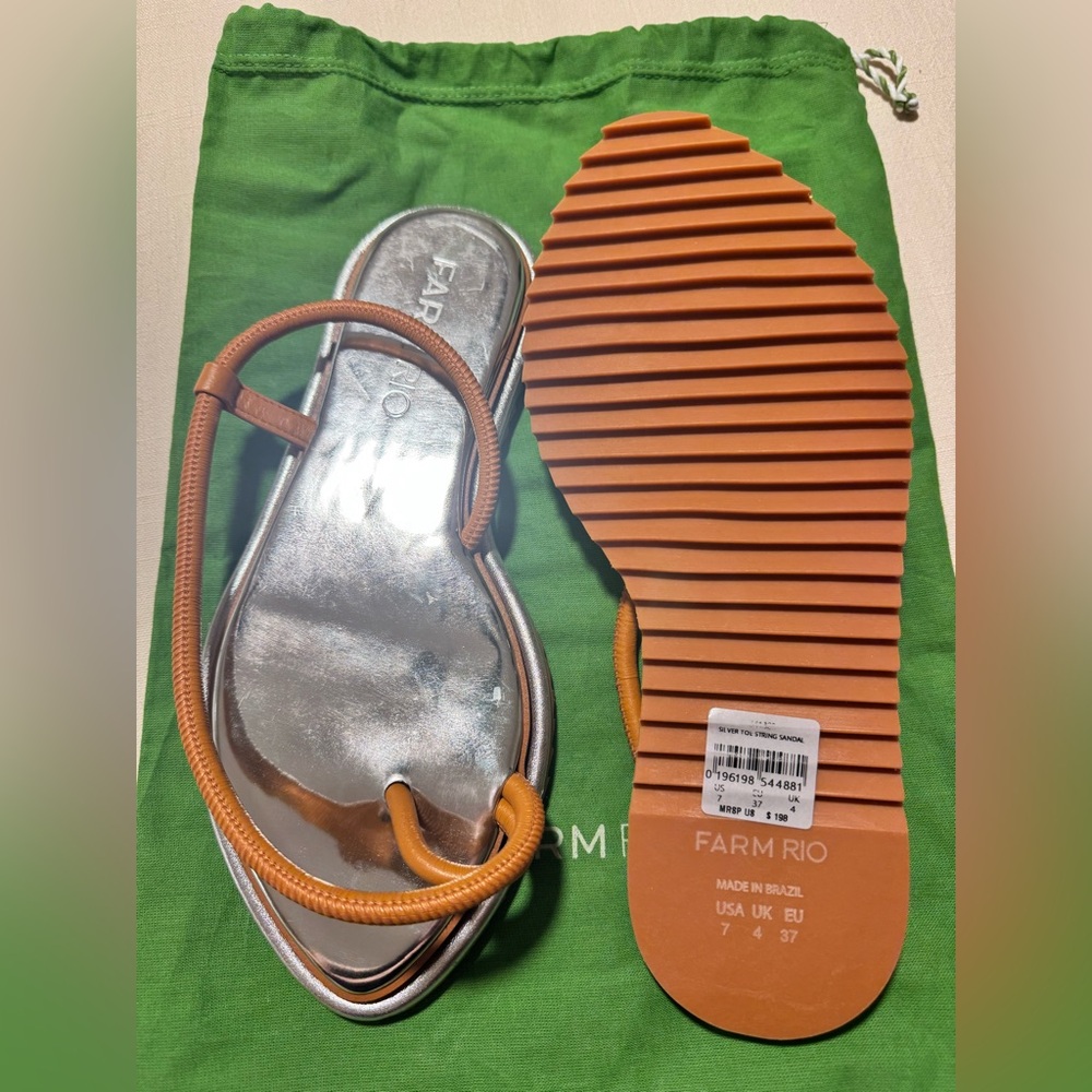 FARM Rio Metallic Silver Footbed Sandals with Orange Straps